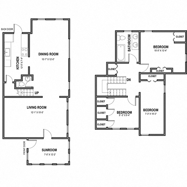 Floor plan for 3 beds, 2 baths, 1480 sqft